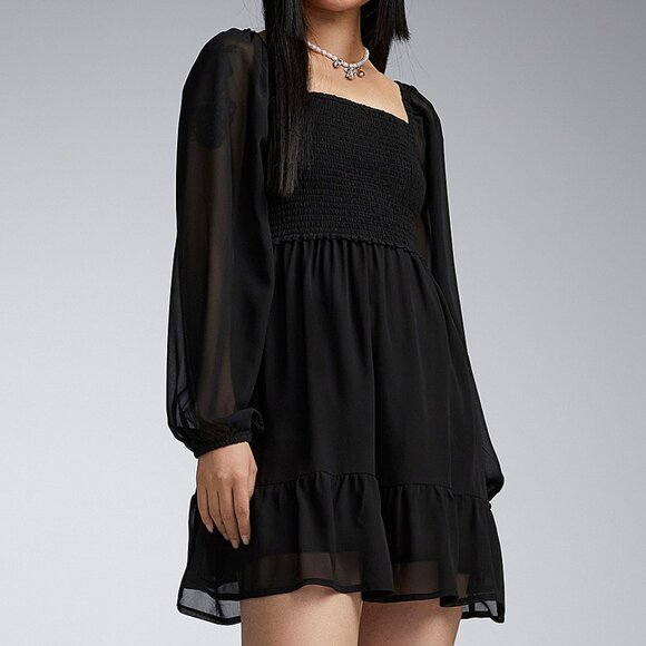 Simons Twik Square Neck Smocked Dress in Black - Picture 1 of 6